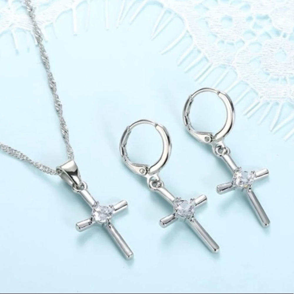 Sterling silver cross necklace and earring set